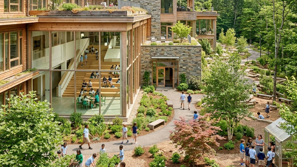 School building surrounded by gardens with students outside and greenhouse